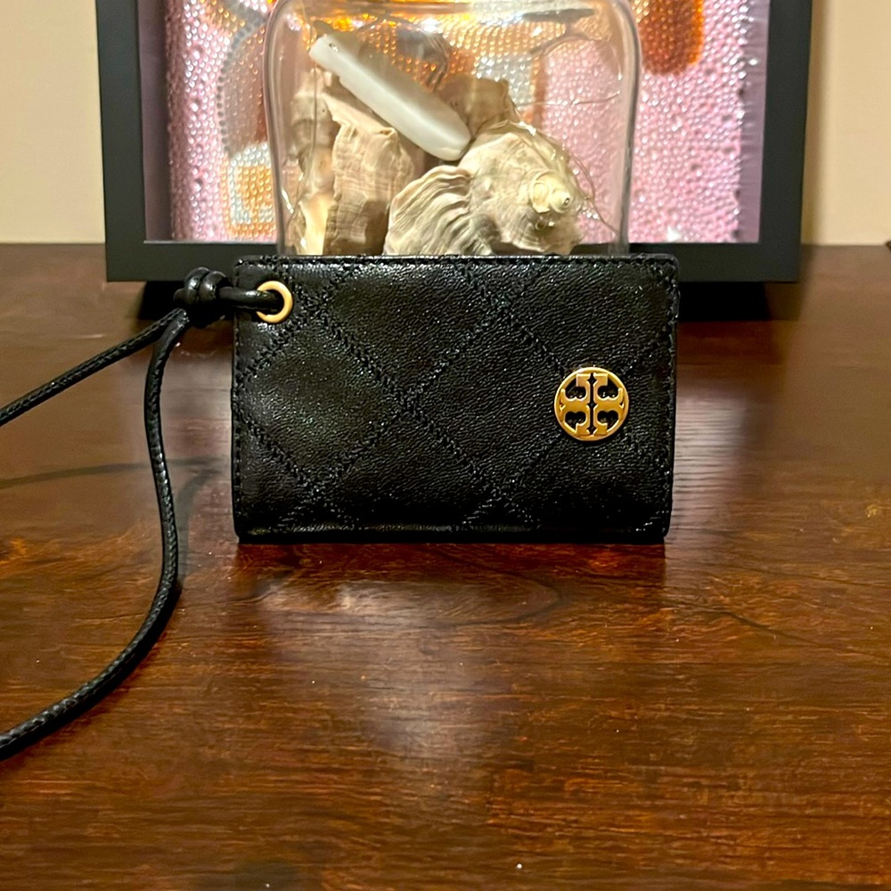 Tory Burch Black Quilted Leather Key & Card Holder with Gold Logo